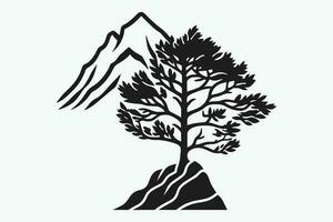 montagna schizzo, schema stile nero e bianca montagne e albero vettore, montagna albero icona illustrazione, montagna logo vettore