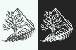 montagna schizzo, schema stile nero e bianca montagne e albero vettore, montagna albero icona illustrazione, montagna logo vettore