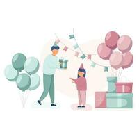 papà e figlia festeggiare compleanno. personaggi in piedi vicino compleanno regalo scatole e palloncini, coriandoli. contento compleanno concetto. vettore