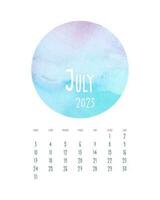 calendario luglio 2023 con acquerello blu rosa cerchio. vettore