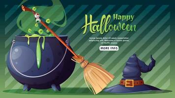 Halloween bandiera con strega S calderone, scopa e cappello. contento Halloween. ragnatela striscione, manifesto, pubblicità, sfondo, volantino, vacanza carta. cartone animato vettore illustrazione