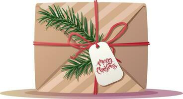 un' regalo legato con un' nastro con un' abete rosso ramo. un' scatola avvolto nel involucro carta con vacanza saluti. Natale e nuovo anno illustrazione. vettore