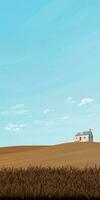 rurale paesaggio con Grano campo e Casa su collina verticale vettore illustrazione avere vuoto spazio per formulazione o annuncio pubblicitario a il cielo la zona.
