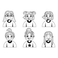 impostato di avatar di cartone animato bambini ragazze nero e bianca vettore