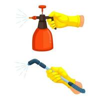 mano hold disinfettante o fertilizzante spray azienda agricola simbolo cartone animato illustrazione vettore