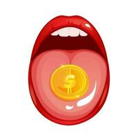 cartone animato stile donna rosso bocca Tenere un' oro moneta su un' lingua. vettore