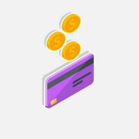 denaro contante ottenere un' banca carta viola giusto Visualizza - bianca ictus con ombra icona vettore isometrico. cashback servizio e in linea i soldi rimborso. concetto di trasferimento i soldi, commercio elettronico, Salvataggio account.