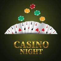 sfondo di notte del casinò con testo dorato con chip di carte da gioco vettore