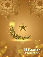 luna glitter dorata e stella di ramadan mubarak con sfondo pattern vettore