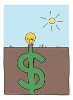 l'illustrazione di vettore del fumetto dell'idea della lampadina è piantata nel terreno e si riempie come un grande dollaro sotto terra