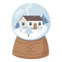 cartone animato palla di Natale casa con fumo dal camino circondato da alberi di Natale coperti di neve e pupazzo di neve nel globo di vetro stock illustrazione vettoriale isolato su bianco in stile piatto