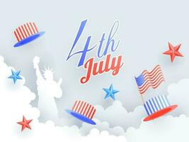 4 ° di luglio celebrazione manifesto o bandiera design decorato con statua di libertà, zio sam cappello e colorato stelle su carta tagliare nuvoloso sfondo. vettore