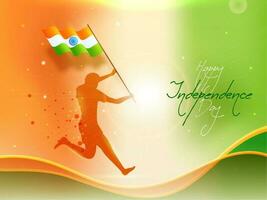 contento indipendenza giorno font con silhouette uomo Tenere ondulato India bandiera su brillante astratto tricolore sfondo. vettore