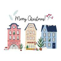 allegro Natale saluto carta con carino mano disegnato case, piatto vettore illustrazione isolato su bianca sfondo. decorato Natale edifici nel città, Natale albero, Fata luci e neve.