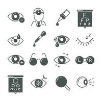 optometria icone. occhio e occhiali, visione e lente, laser chirurgia segni. oftalmologia vettore simboli