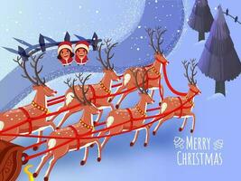 allegro Natale celebrazione sfondo con inverno paesaggio Visualizza, allegro bambini e renna slitta. vettore