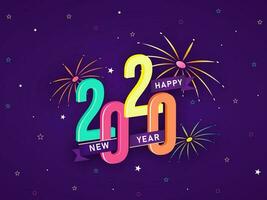 colorato testo 2020 e stelle decorato su viola fuochi d'artificio sfondo per contento nuovo anno celebrazione. vettore