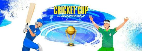cricket tazza campionato intestazione o bandiera disegno, cricket giocatore nel diverso giocando azione con d'oro trofeo su stadio sfondo. vettore