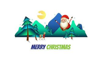allegro Natale celebrazione saluto carta design con contento Santa Claus personaggio e renna su carta tagliare soleggiato natura paesaggio Visualizza sfondo. vettore