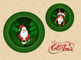 Santa Claus con verde le foglie nel carta tagliare circolare forma su natale Festival elementi beige sfondo per allegro Natale celebrazione. vettore