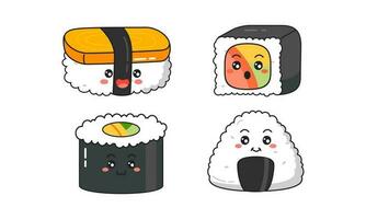 vario kawaii Sushi, rotoli, nigiri. giapponese cartone animato stile vettore