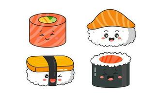 vario kawaii Sushi, rotoli, nigiri. giapponese cartone animato stile vettore