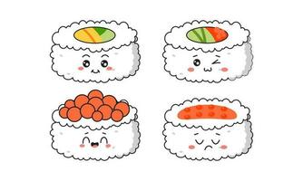 vario kawaii Sushi, rotoli, nigiri. giapponese cartone animato stile vettore