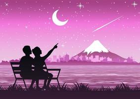 le coppie stanno vicino alla montagna di fuji e guardano la meteora e la notte della sabbia della stella vettore