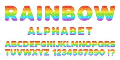 popping giocattolo font design - alfabeto e numeri impostato nel stile di di moda silicio agitarsi giocattoli nel luminosa colori. bolla sensoriale lettere. isolato cartone animato vettore illustrazione.