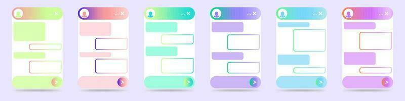 impostato di chatbot finestra dialogo interfaccia per sito web e mobile applicazione. in linea vivere Chiacchierare App e virtuale assistente con gradienti di luminosa colori. vettore design isolato su un' bianca sfondo.