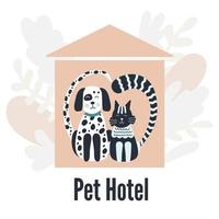 animali domestici sagome di cani e gatti dell'hotel a forma di cuore rosa foglie di casa vettore