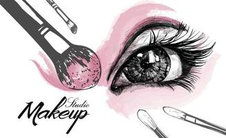 illustrazione disegnata a mano di vettore del concetto di pennelli per trucco e occhi di donne colorate per cosmetici per salone di bellezza etichetta procedure di cosmetologia viso e trucco