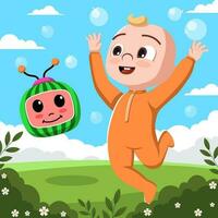 carino bambino giocare con melone personaggio nel il giardino vettore