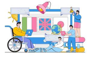vettore illustrazione di disabilità personaggi su sedia a rotelle imparare linguaggio corsi attraverso Internet, distanza apprendimento per esame preparazione