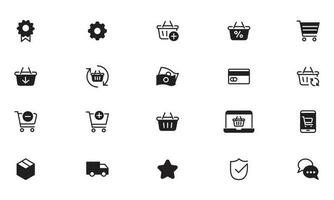 in linea shopping applicazione interfaccia relazionato icona impostare. glifo, solido icona sito web cartello vettore