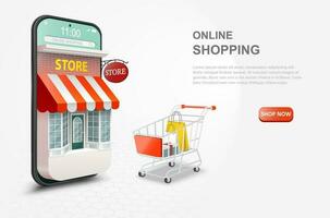 shopping in linea su mobile Telefono applicazione o sito web concetto. digitale marketing promozione. smartphone come un' memorizzare 3d vettore illustrazione