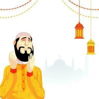 illustrazione di musulmano uomo offerta namaz preghiera e sospeso lanterne su silhouette moschea. vettore