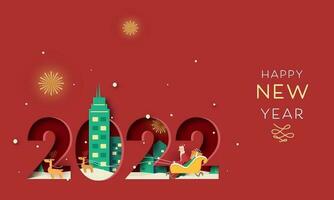 carta tagliare 2022 numero con edifici, Santa Claus equitazione renna slitta, natale albero per contento nuovo anno concetto. vettore