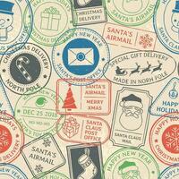 Natale postale modello. Santa Claus timbro postale cache, inverno vacanza affrancatura carta francobollo e nord polo posta francobolli vettore sfondo
