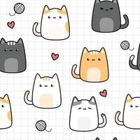 carino paffuto gatto gattino cartone animato doodle seamless pattern vettore