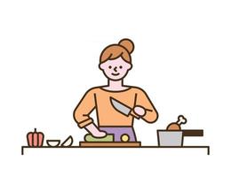 una donna sta cucinando tagliando le verdure su un tagliere vettore