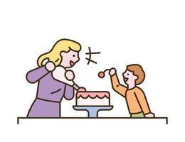 la madre e il bambino stanno facendo una torta insieme vettore