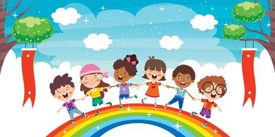 bambini multietnici che giocano sull'arcobaleno vettore