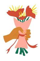 mano che tiene il mazzo di fiori avvolti in carta artigianale cartone animato mano umana piatta che tiene un mazzo di fiori colorati dando regalo bouquet fiorito congratulazioni floreali per la celebrazione vettore evento