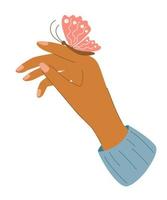 elegante mano femminile con una farfalla mano della donna con una farfalla seduta sul suo dito manicure della donna per biglietti di auguri e inviti poster banner flyer borsa illustrazione vettoriale
