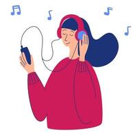 illustrazione del fumetto di vettore di giovane donna graziosa in cuffia che ascolta la musica amante della musica che si rilassa quando si gode la sua canzone preferita personaggio della donna che tiene lo smartphone in mano podcast radiofonico