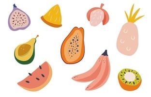 set di doodle frutti tropicali frutta tropicale naturale papaia ananas banana avocado fico litchi frutta drago anguria kiwi piatto vettore fumetto illustrazione isolato su sfondo bianco