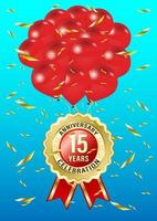 Palloncino ed etichetta di celebrazione di anniversario di 15 anni vettore