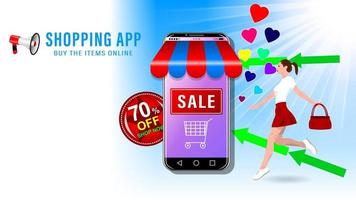 cartone animato di ragazza e smartphone dello shopping online vettore