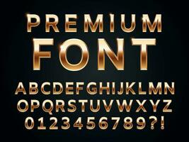 lucido oro carattere tipografico, brillare alfabeto lettere collezione per premio testo design. d'oro gloss metallo vettore sans font